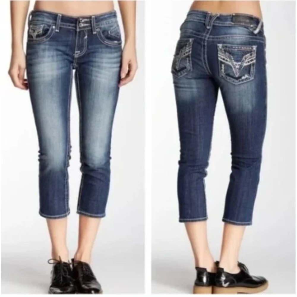 Vigoss 5/6 Chelsea Capri Jeans Embellished Stretch Low Rise Women’s Emboidered